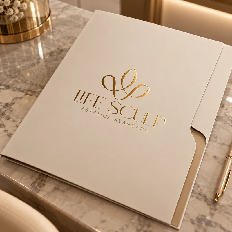 Pasta Life Sculp em marfim com marca dourada sobre mármore