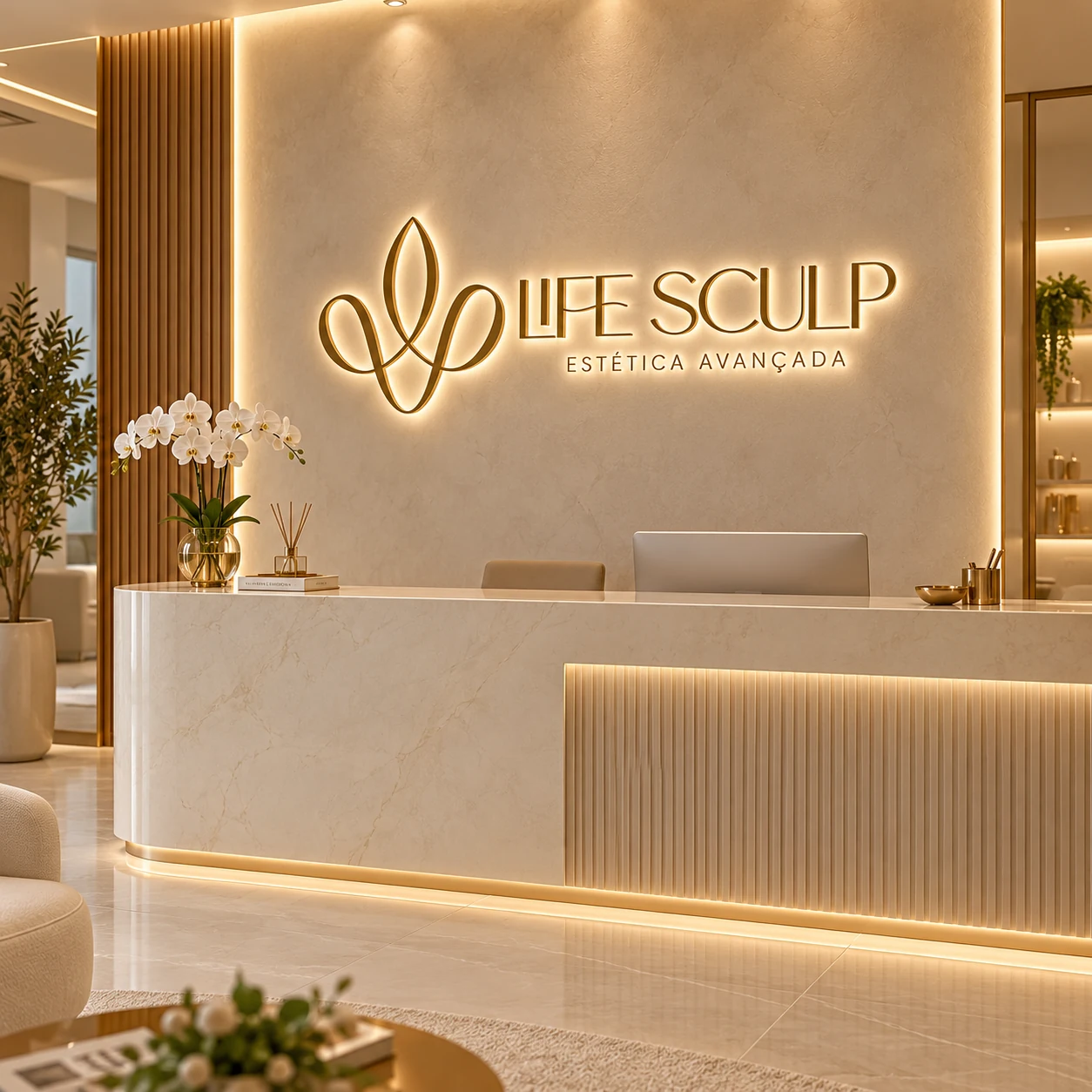 Recepção em tons de marfim com a assinatura Life Sculp iluminada em dourado