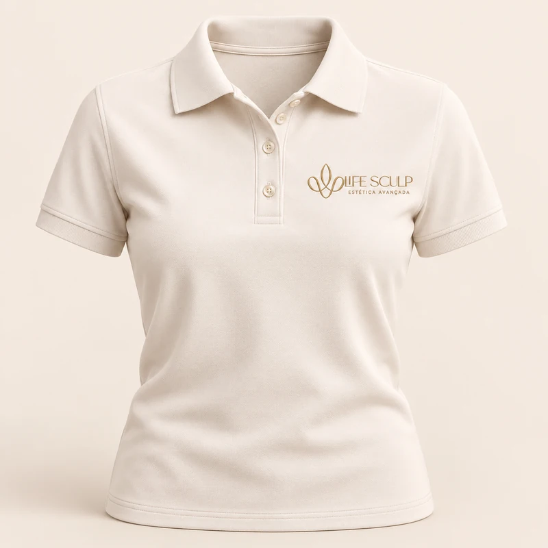 Polo creme com assinatura Life Sculp bordada em dourado